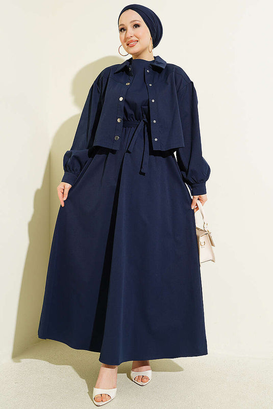 Snap Button Jacket Pinafore Set Navy Blue