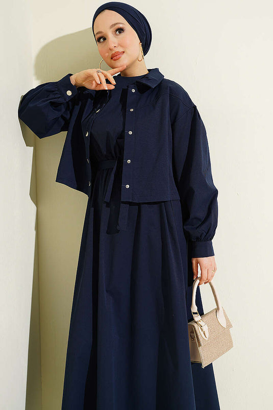 Snap Button Jacket Pinafore Set Navy Blue