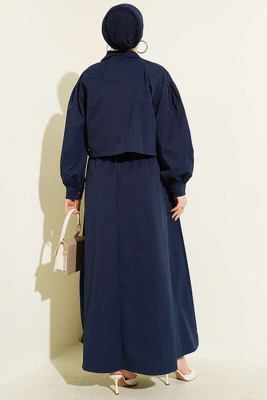 Snap Button Jacket Pinafore Set Navy Blue