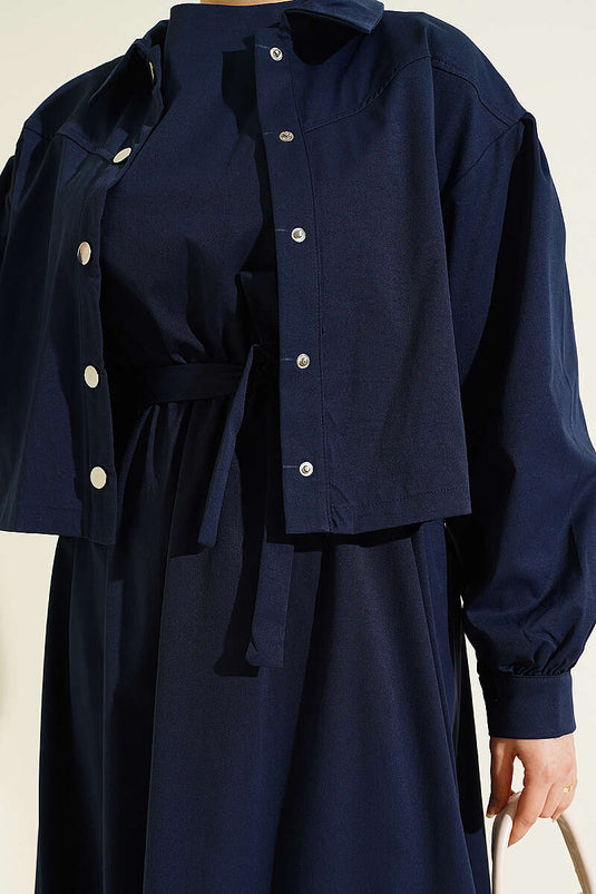 Snap Button Jacket Pinafore Set Navy Blue
