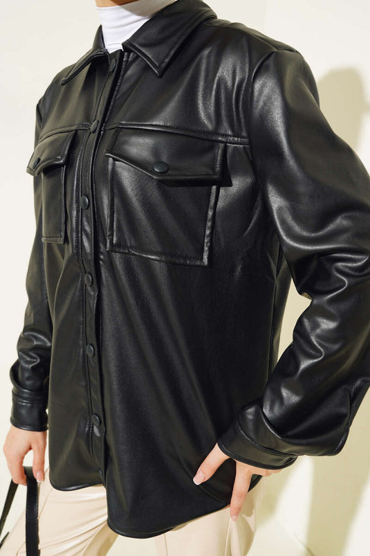 Snap Button Pocket Leather Shirt Black
