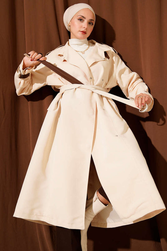 Snap Button Leather Detailed Trench Coat Ecru