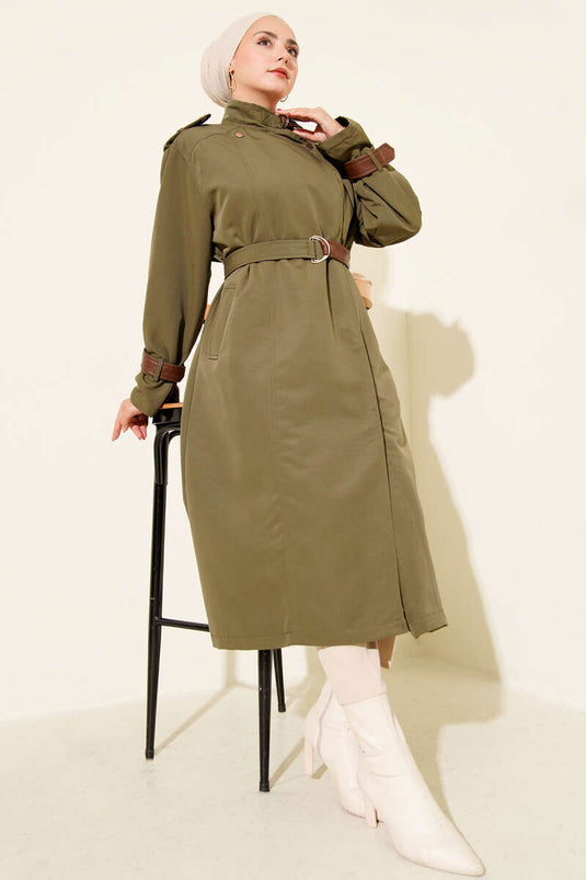 Snap Button Leather Detailed Trench Coat Khaki