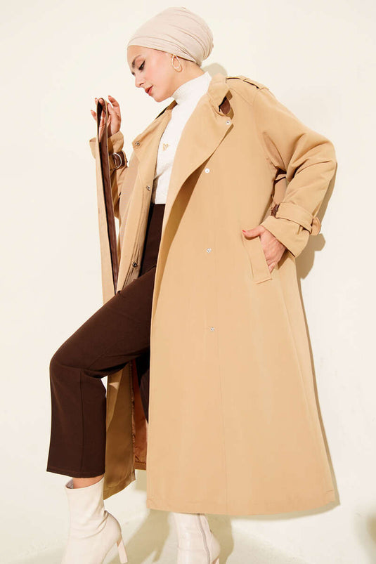 Çıtçıt Düğmeli Deri Detaylı Trençkot Latte
