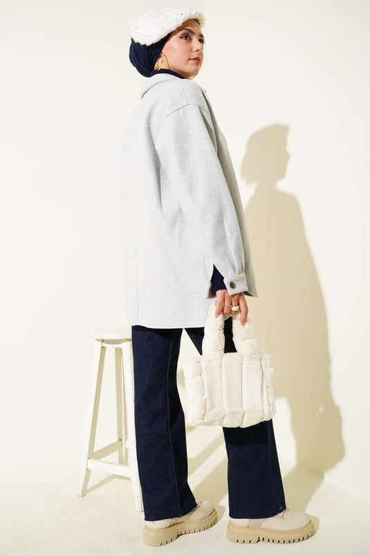 Veste en cachemire à col chemise à boutons-pression gris clair