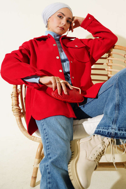 سترة تويد حمراء بياقة قميص بأزرار الضغط