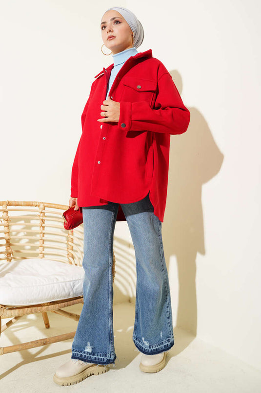 Veste en cachemire à col chemise à boutons-pression rouge