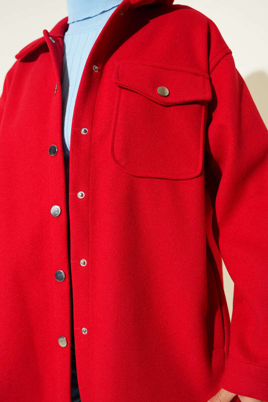 سترة تويد حمراء بياقة قميص بأزرار الضغط