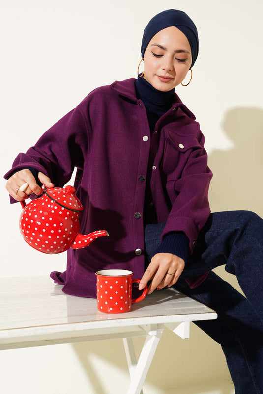 Veste en cachemire à col chemise à boutons-pression violette