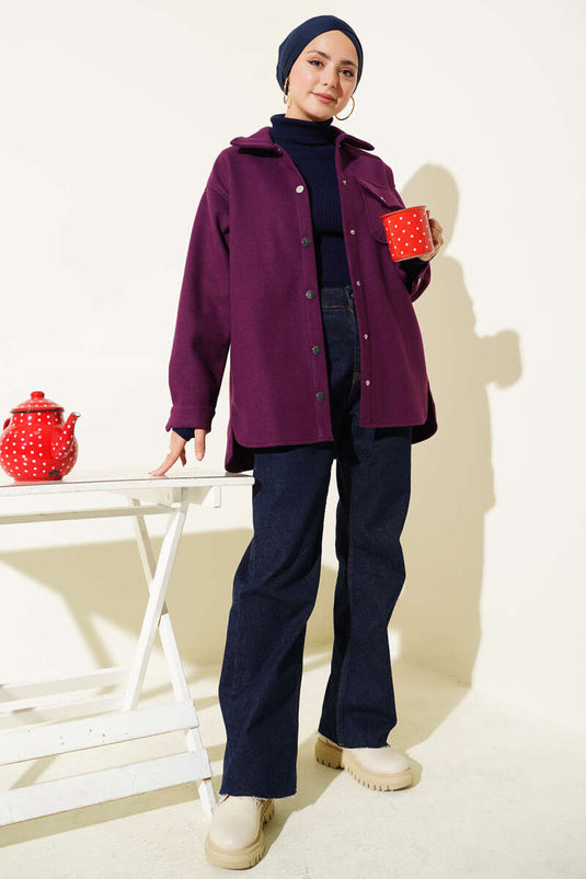 Veste en cachemire à col chemise à boutons-pression violette