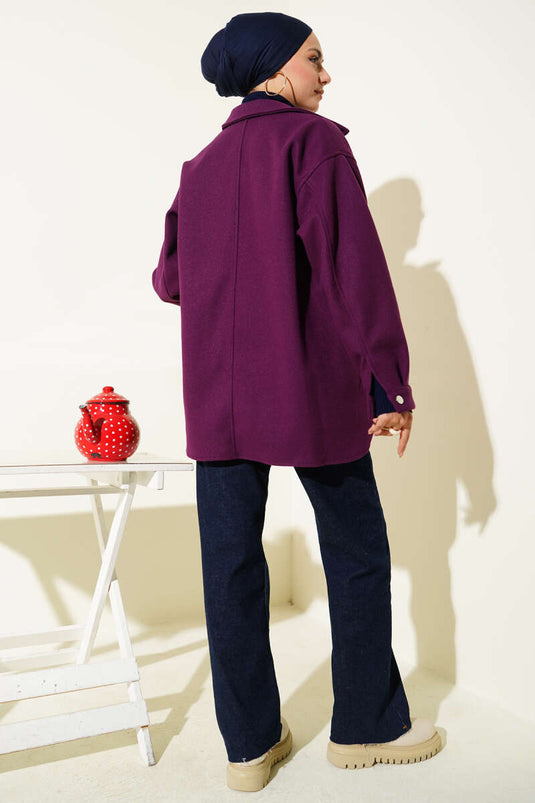 Veste en cachemire à col chemise à boutons-pression violette