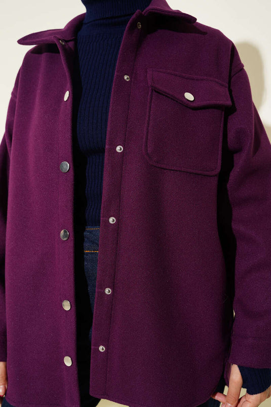 Veste en cachemire à col chemise à boutons-pression violette
