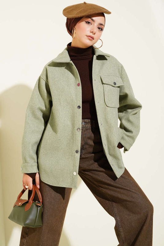 Veste en cachemire à col chemise à boutons-pression vert aqua