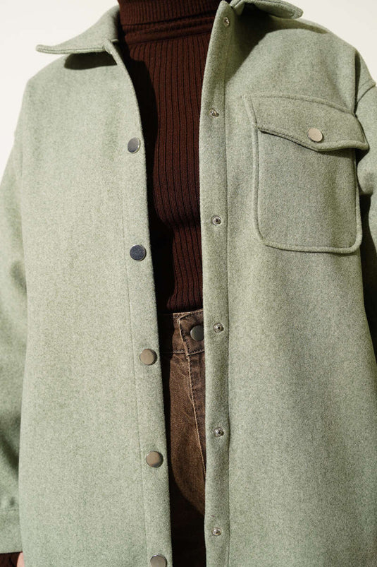 Veste en cachemire à col chemise à boutons-pression vert aqua