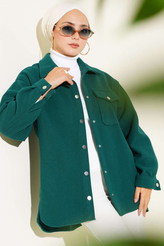 Çıtçıt Düğmeli Gömlek Yaka Kaşe Ceket Zümrüt