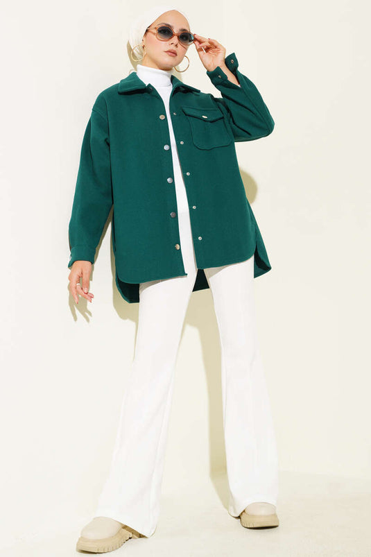 Veste en cachemire à col chemise à boutons-pression émeraude