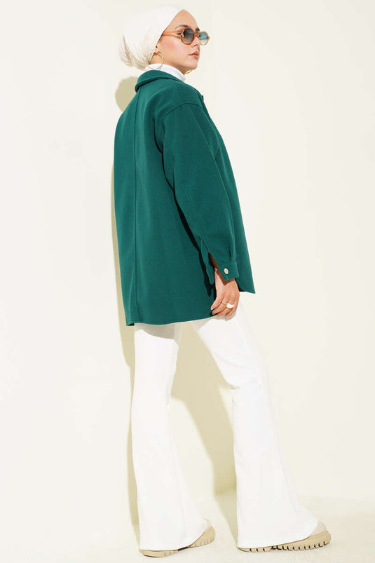 Veste en cachemire à col chemise à boutons-pression émeraude