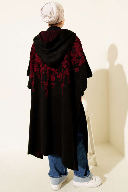 Çıtçıt Düğmeli Kapüşonlu Triko Panço Bordo