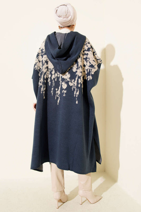 Snap Button Hooded Knit Poncho Indigo