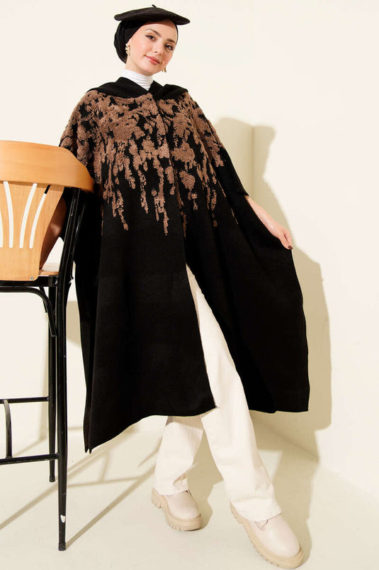 Çıtçıt Düğmeli Kapüşonlu Triko Panço Latte