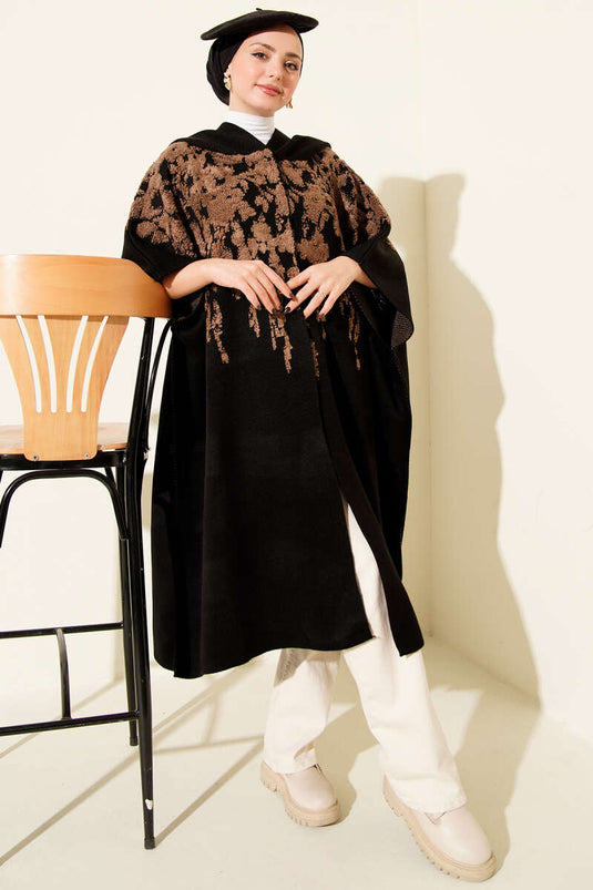 Çıtçıt Düğmeli Kapüşonlu Triko Panço Latte