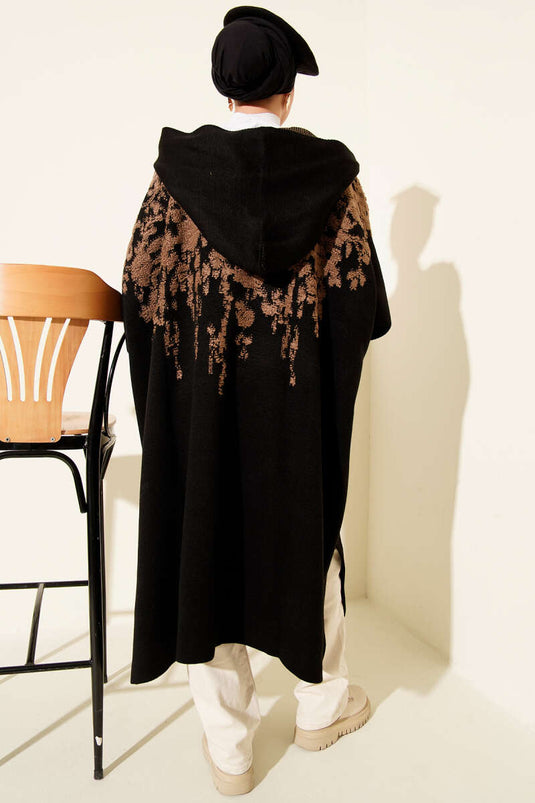 Çıtçıt Düğmeli Kapüşonlu Triko Panço Latte