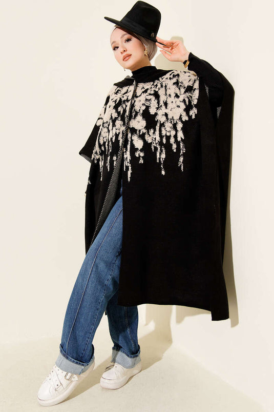 Poncho de punto con capucha y botones a presión, negro