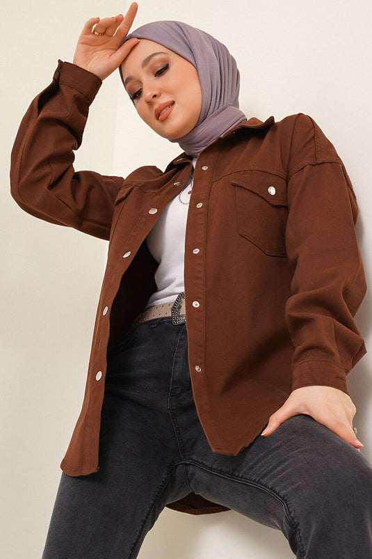 Veste En Jean Bouton Pression Marron