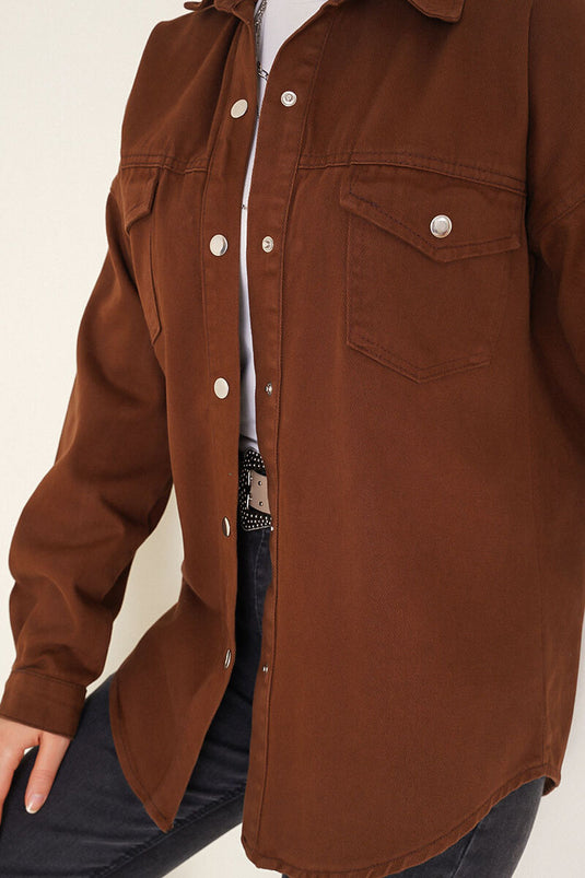 Veste En Jean Bouton Pression Marron