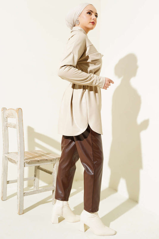 Chemise En Cuir Ceinturée Bouton Pression Beige