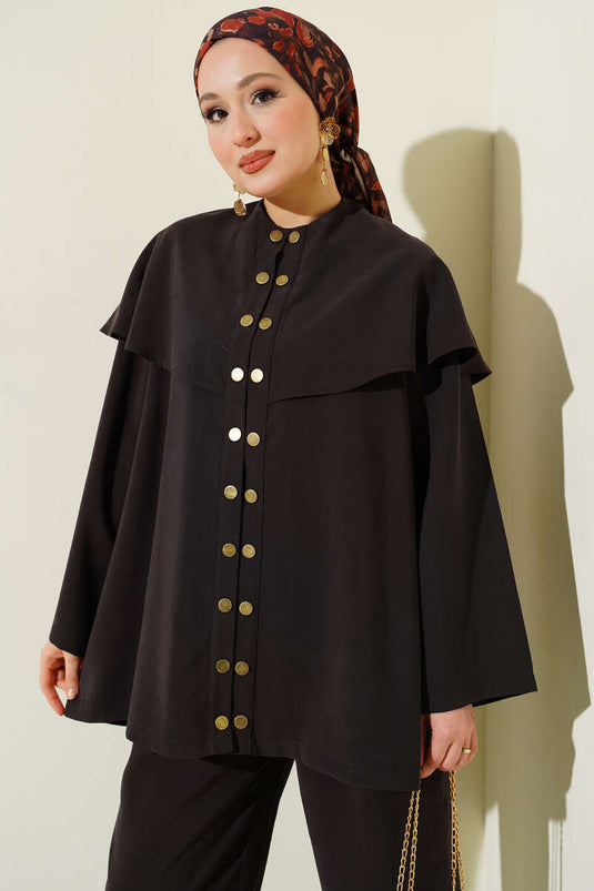 Snap Button Cape Modal Two-Piece Set Dark Brown