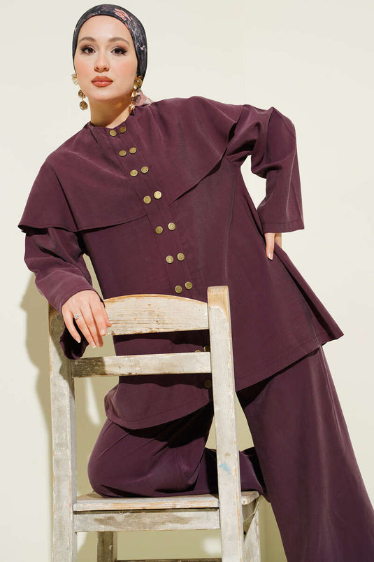 Ensemble double en modal avec cape à boutons-pression, couleur mûre
