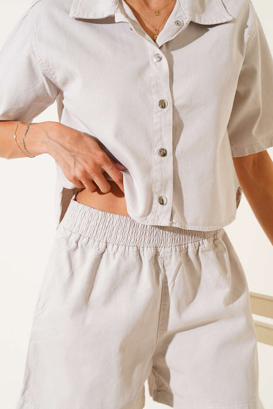 Snap Button Denim Shorts Two-Piece Set, Beige