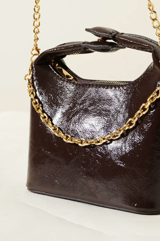 Snap Handle Chain Strap Patent Leather Bag Bitter Coffee