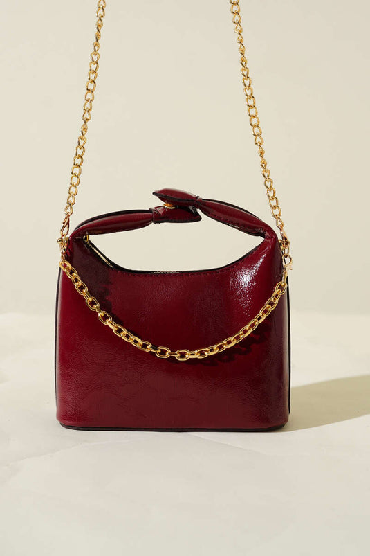 Snap Handle Chain Strap Patent Leather Bag Burgundy