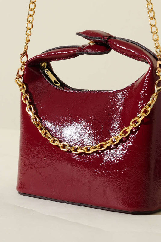 Snap Handle Chain Strap Patent Leather Bag Burgundy