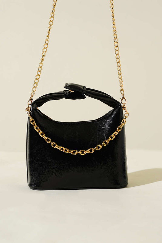 Snap Handle Chain Strap Patent Leather Bag Black
