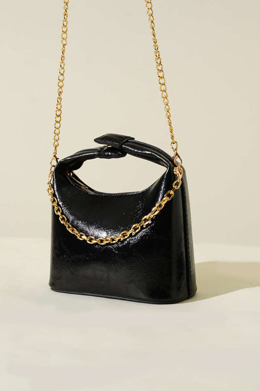 Snap Handle Chain Strap Patent Leather Bag Black