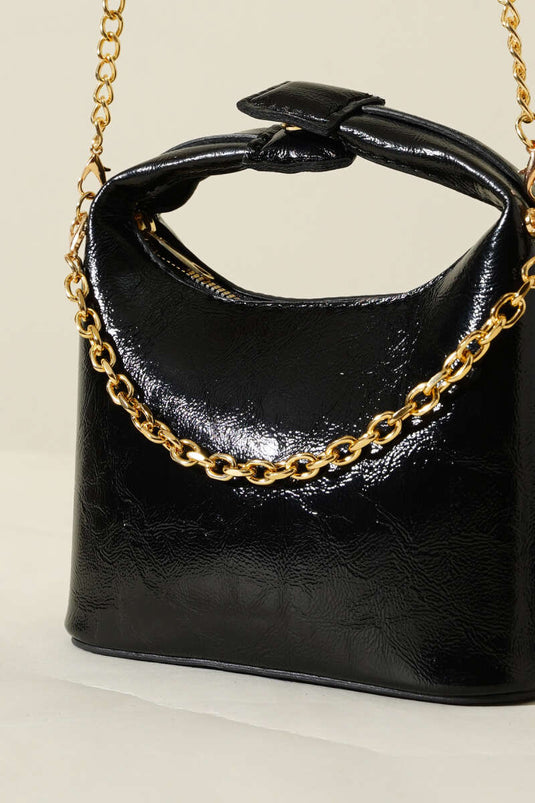 Snap Handle Chain Strap Patent Leather Bag Black