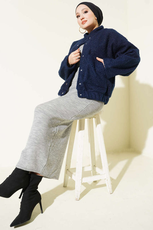 Çıtçıtlı Buklet Cepli Ceket Lacivert