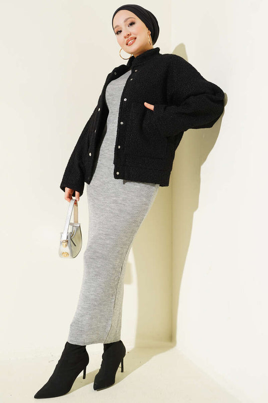 Çıtçıtlı Buklet Cepli Ceket Siyah