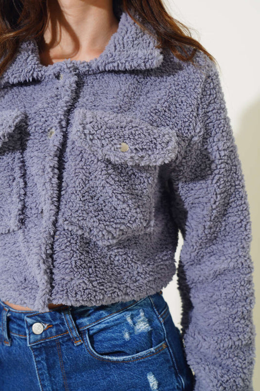 Short Boucle Jacket with Snap Pockets, Lilac