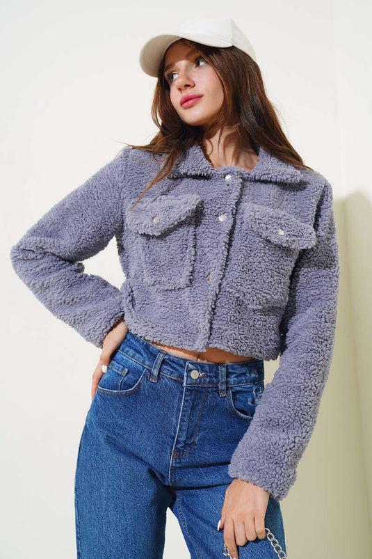 Short Boucle Jacket with Snap Pockets, Lilac