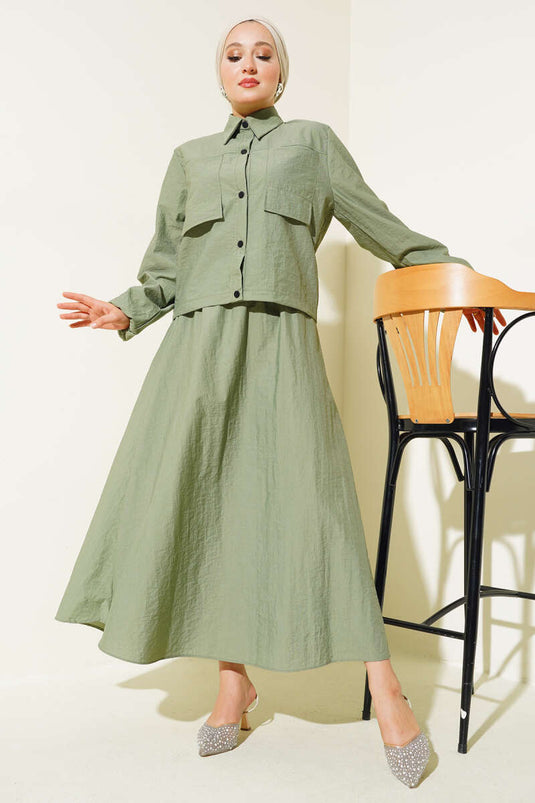 Snap-Front Skirted Parachute Two Piece Set, Algae Green