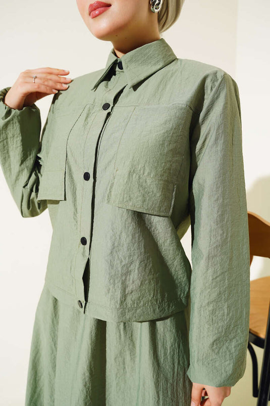 Snap-Front Skirted Parachute Two Piece Set, Algae Green