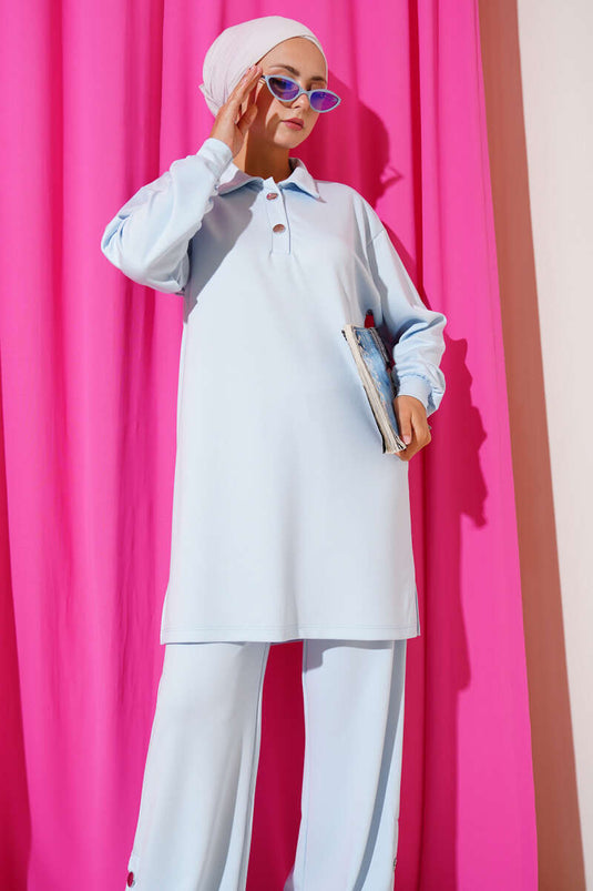 Çıtçıtlı Gömlek Yaka İkili Takım Bebe Mavi