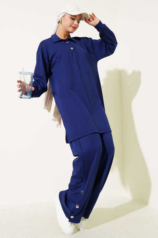 Snap-On Shirt Collar Two-Piece Suit Navy Blue