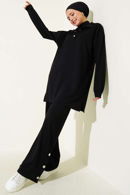 Snap-On Shirt Collar Two-Piece Suit Black