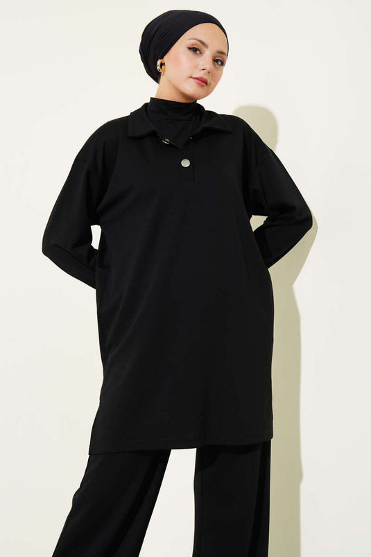 Snap-On Shirt Collar Two-Piece Suit Black