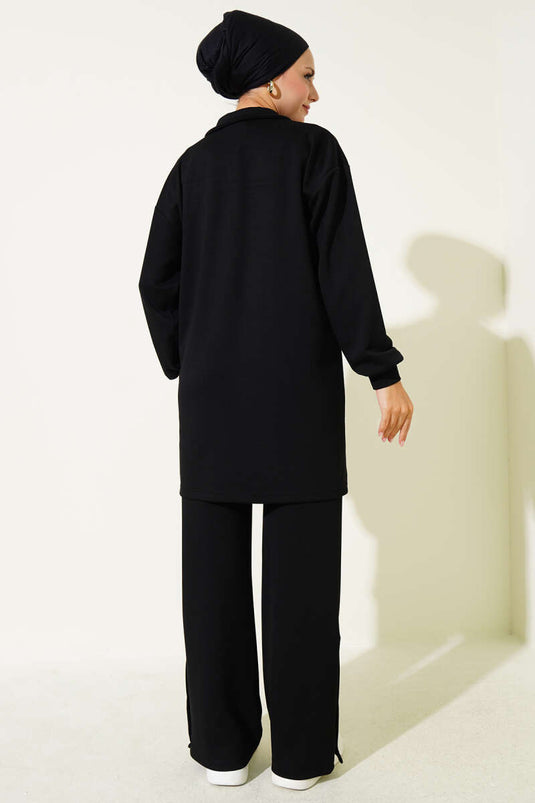 Snap-On Shirt Collar Two-Piece Suit Black